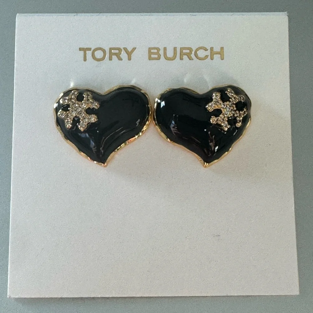 Tory Burch New Kira Black Enamel Heart Pave Crystals Gold-Toned Stud Earrings